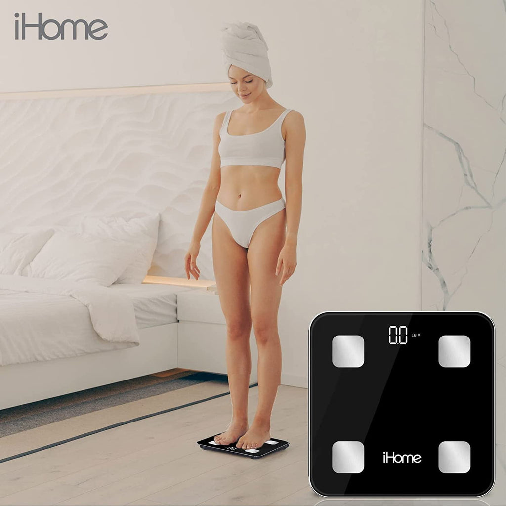 iHome Smart Bluetooth Digital Battery Powered Bathroom Scale, Body Weight & BMI Weighing 397 lbs with Fit+ Personal Coach App, FSA and HSA Eligible, Black