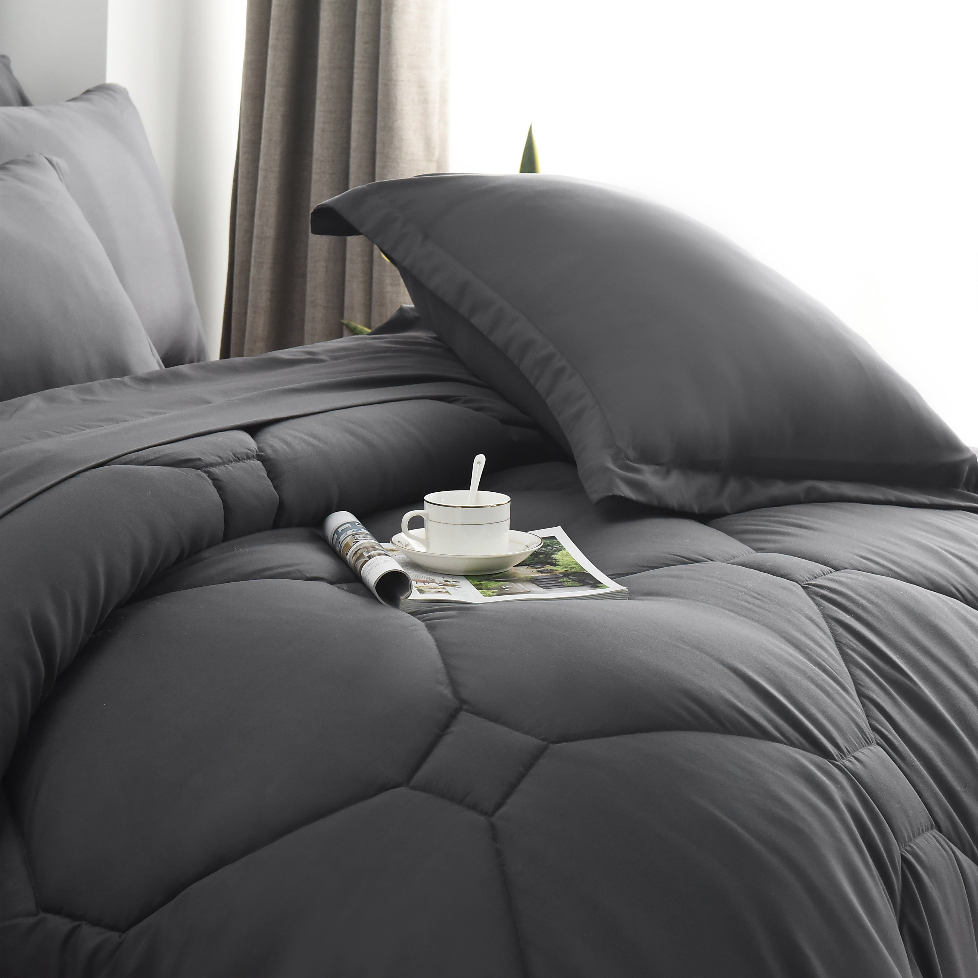 HIG 8 PCS Modern Comforter Set with Sheets All Season Bed in a Bag, Dark Gray, Queen Size