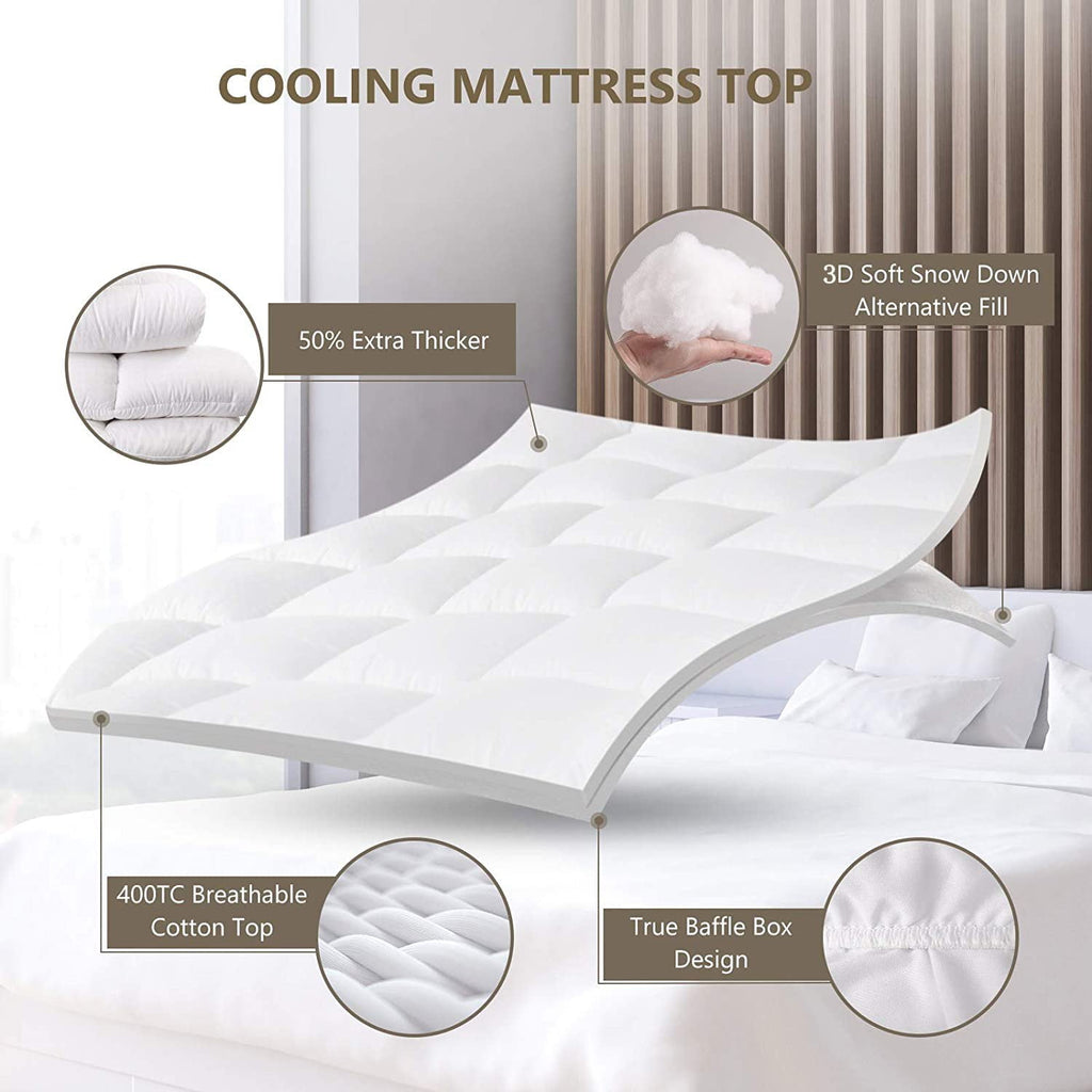 Meritlife Extra Thick Queen Mattress Topper, 400TC Cotton Pillow Top with 5D Spiral Fiber, Deep Pocket, Cooling Plush