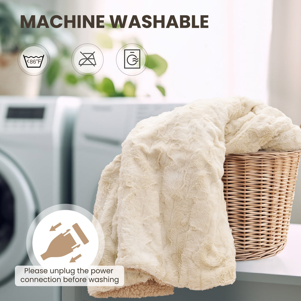 MARNUR Heated Blanket 72"x84" Faux Fur & Sherpa Electric Blanket with 6 Heat Levels, 10H Timer, LED Display, Machine Washable, Tie-Dye Off-White