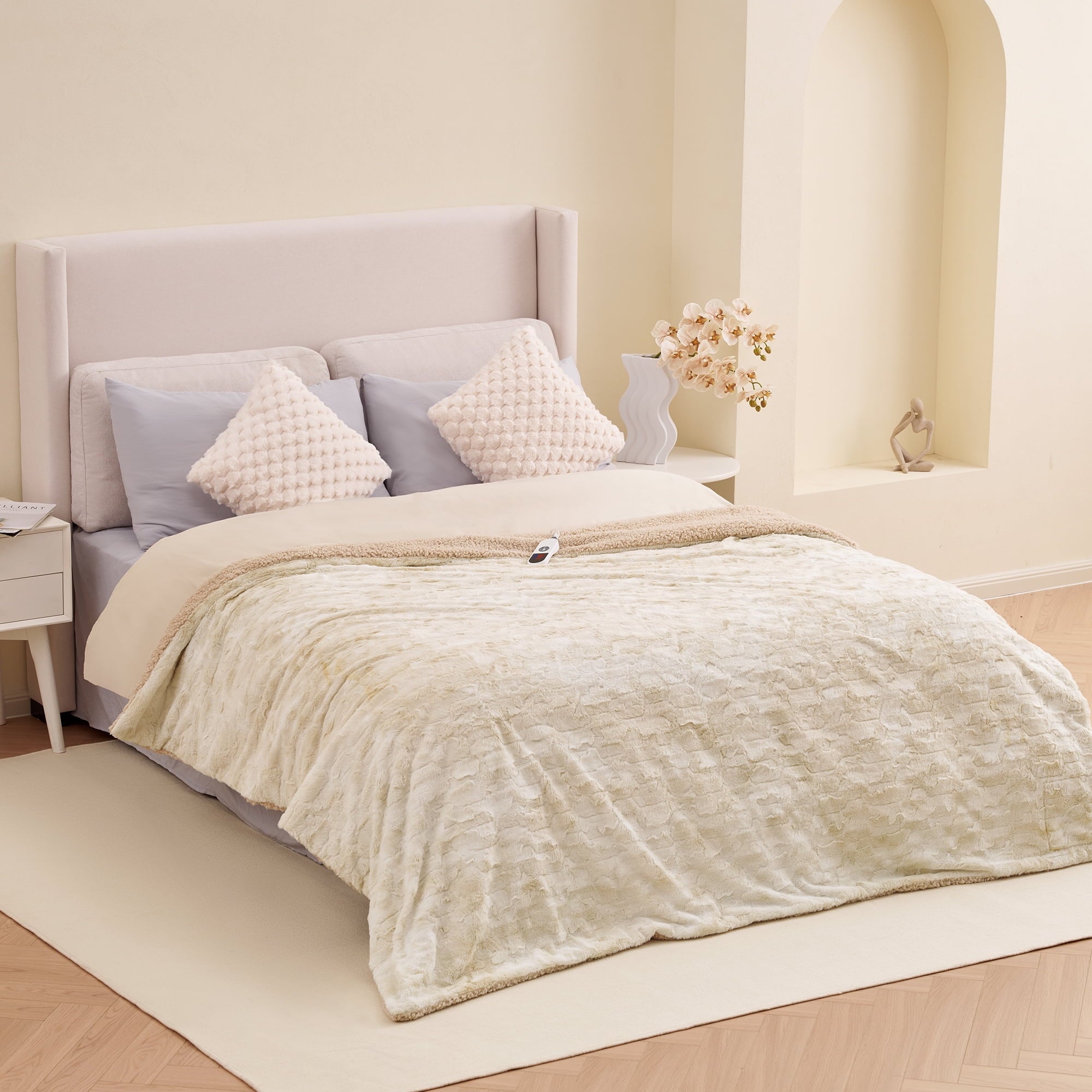 MARNUR Heated Blanket 72"x84" Faux Fur & Sherpa Electric Blanket with 6 Heat Levels, 10H Timer, LED Display, Machine Washable, Tie-Dye Off-White