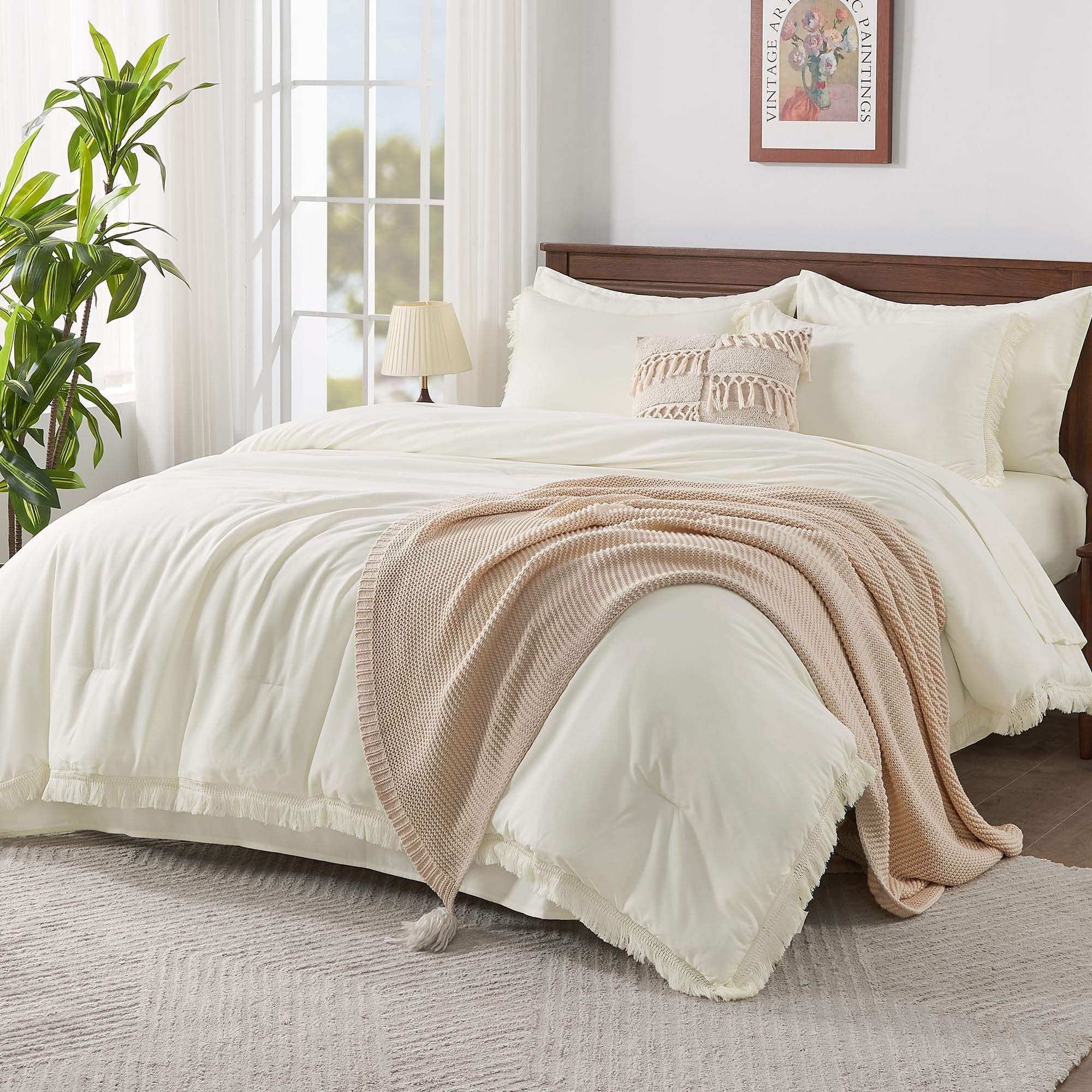 Andency King Size Comforter Sets Beige - 7 Pieces Bed in a Bag Soft Fluffy Bedding Comforter Sets for King Size Bed - Lightweight Cream Boho Tassel Bed Set with Comforter, Sheets, Pillowcases & Shams