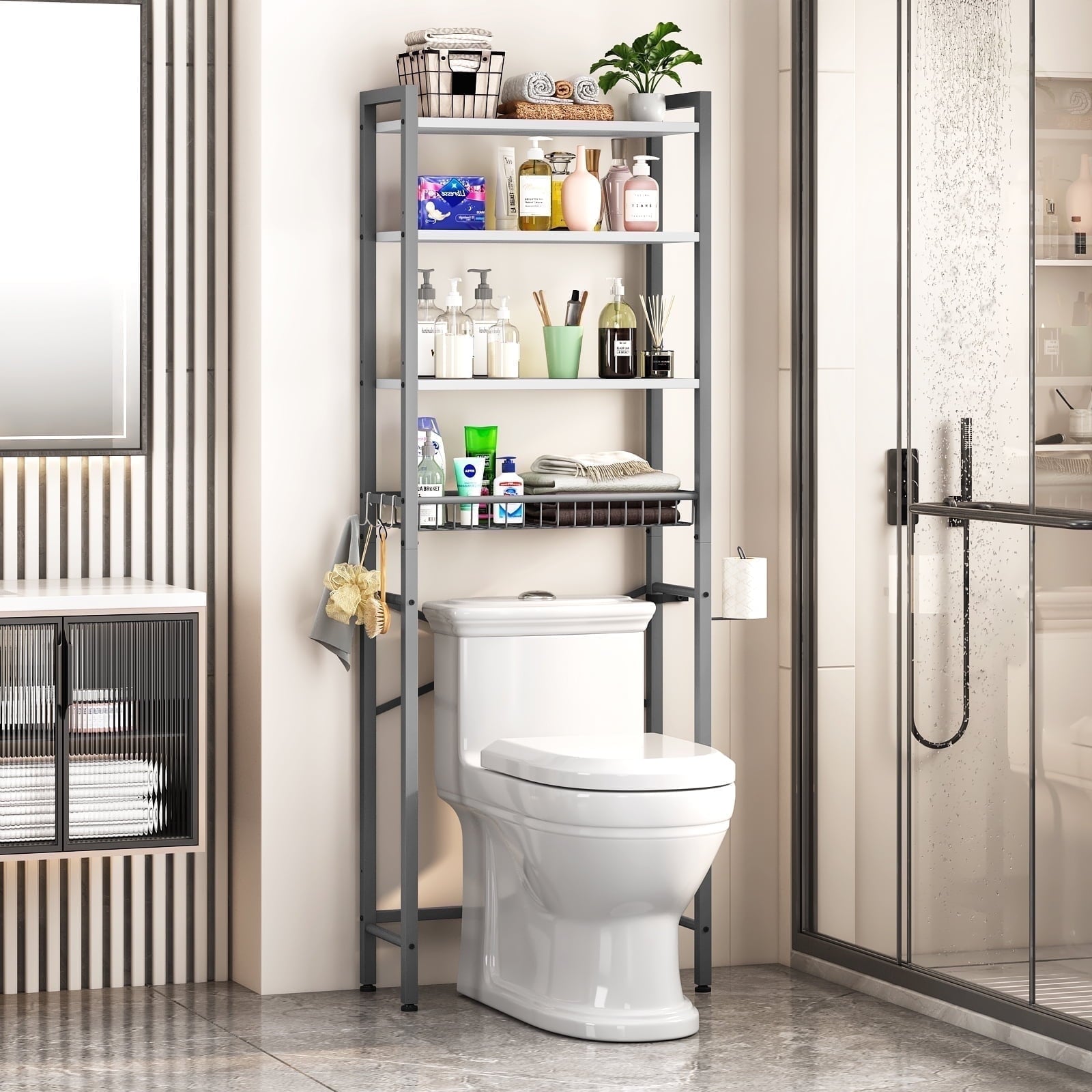 Biemlerfn Over The Toilet Storage Shelf, 4-Tier Wooden Bathroom Organizer Adjustable Saver Space Rack with Toilet Paper Holder, Vintage Brown