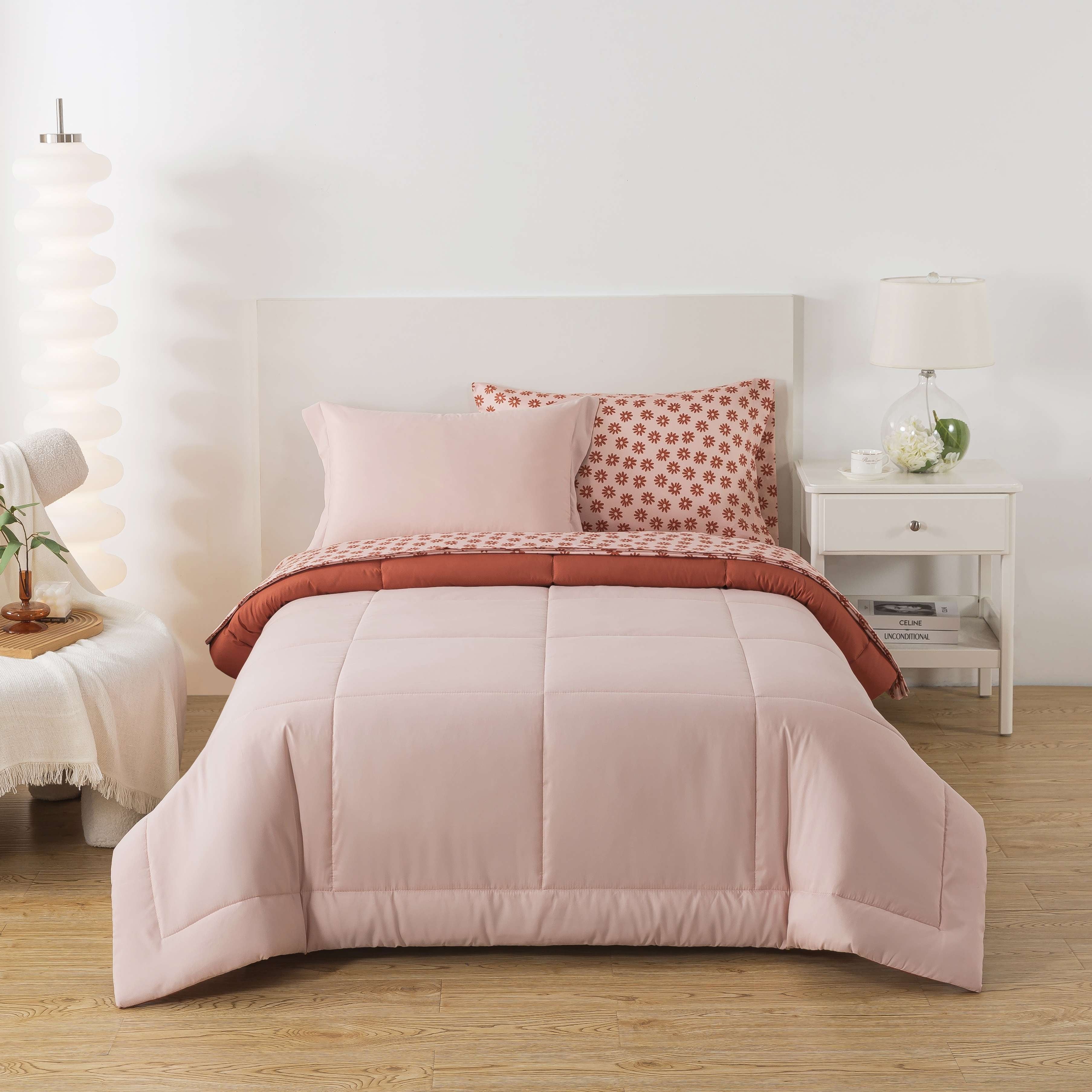 Mainstays All in One Reversible Comforter and Sheet Set- 7 Piece, Queen, Blue Pinstripe