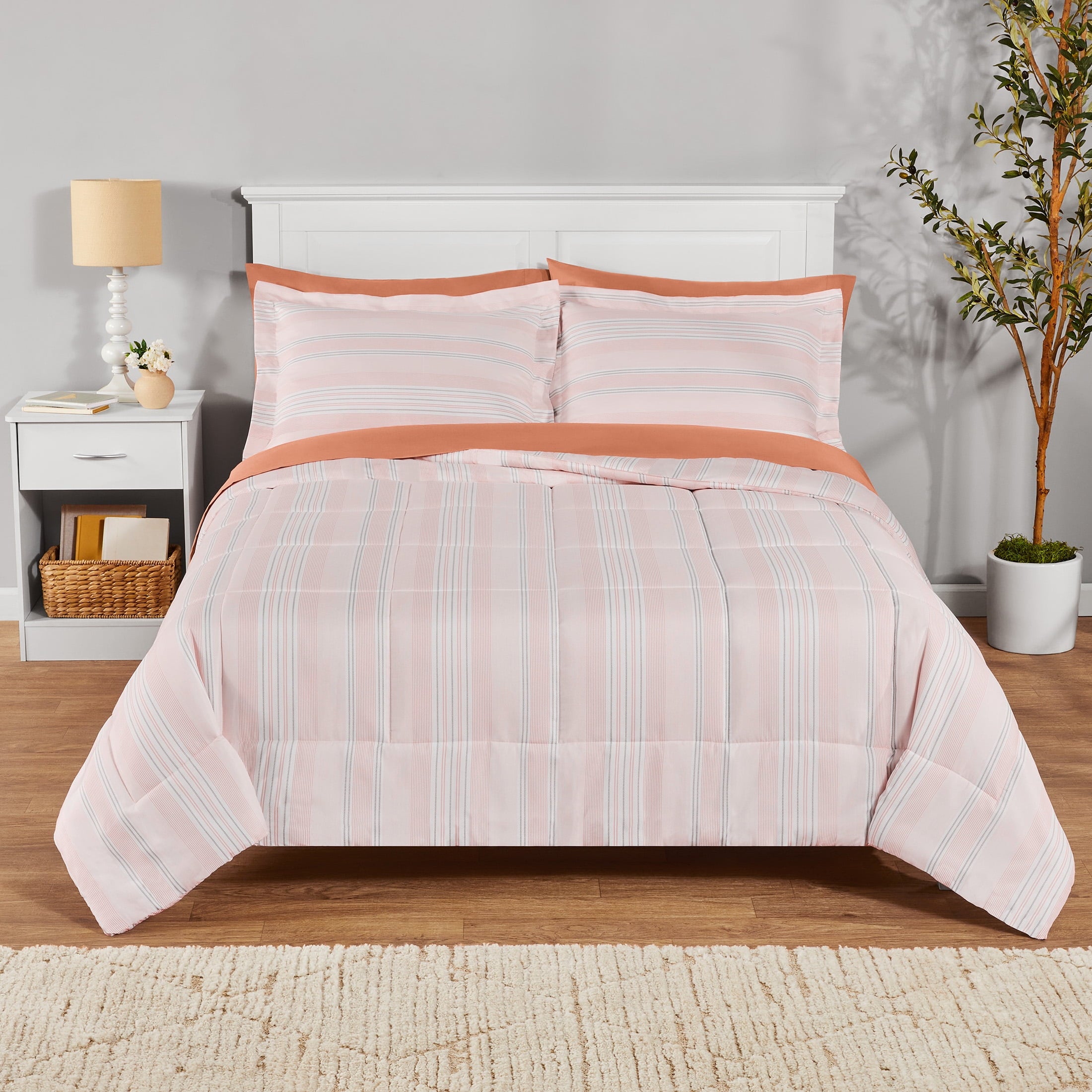 Mainstays All in One Reversible Comforter and Sheet Set- 7 Piece, Queen, Blue Pinstripe