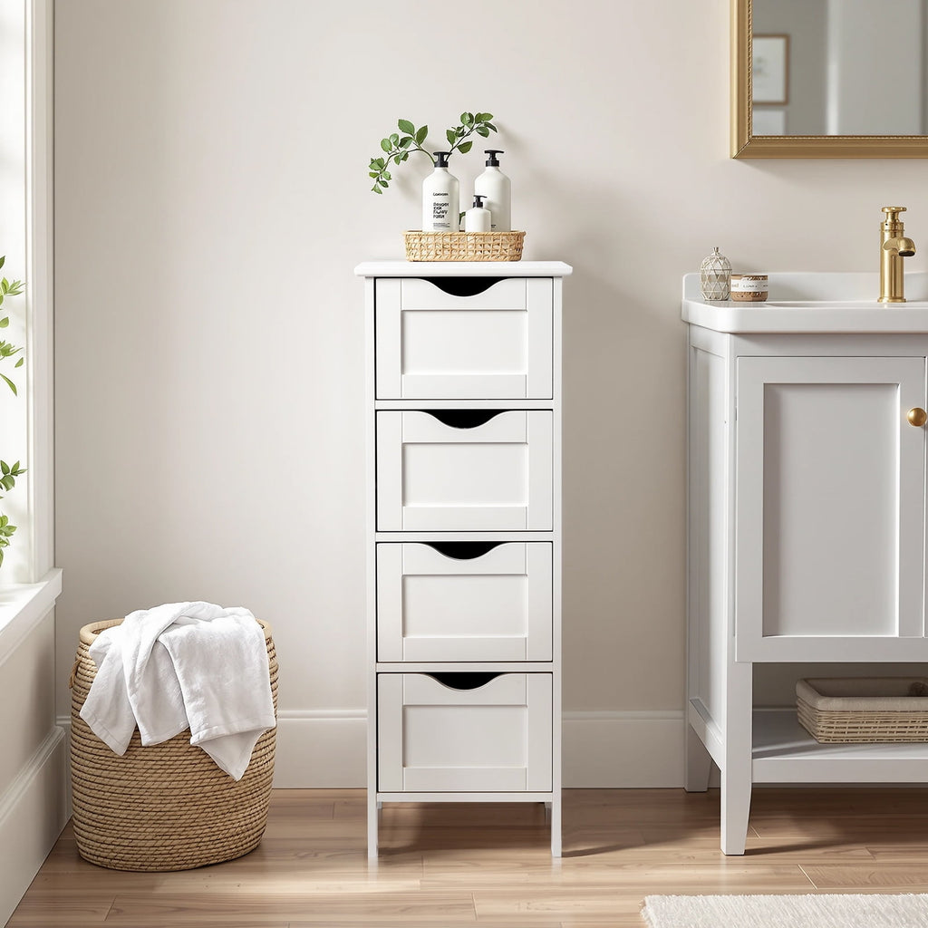 Ktaxon Bathroom Floor Storage Cabinet with 4 Drawers, Small Cabinet for Bedroom Kitchen, MDF White