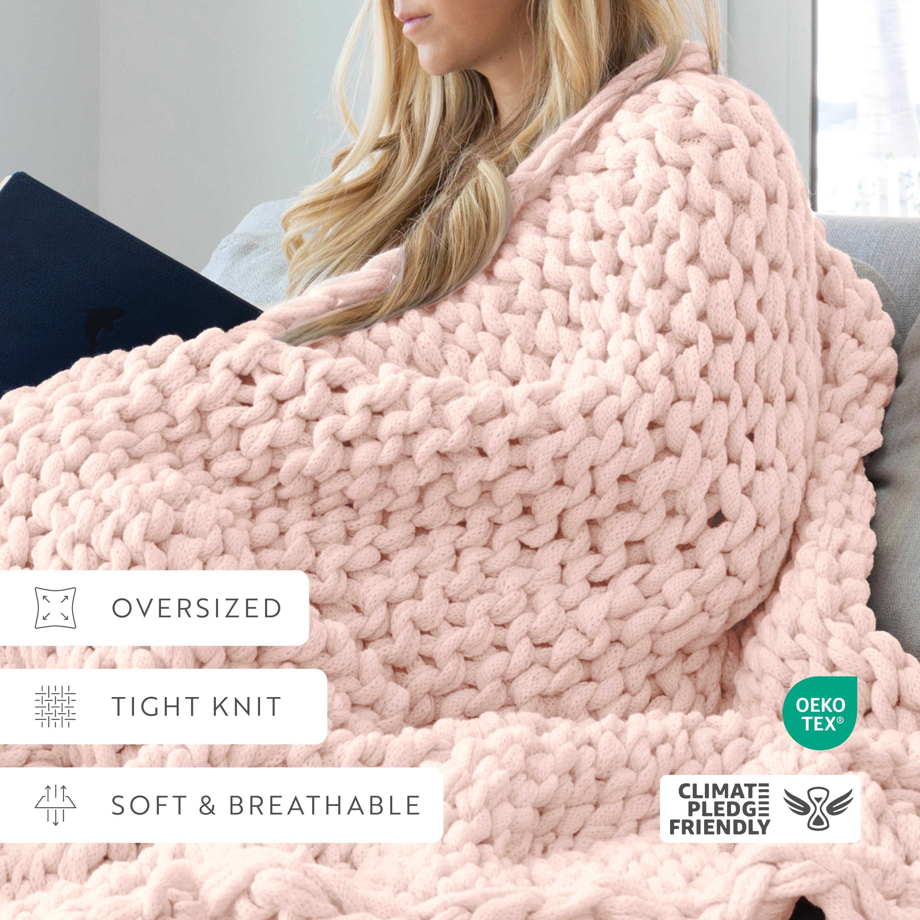 Comfort Canopy - Throw Blanket, Blush Pink Chunky Soft Acrylic Hand-Knit