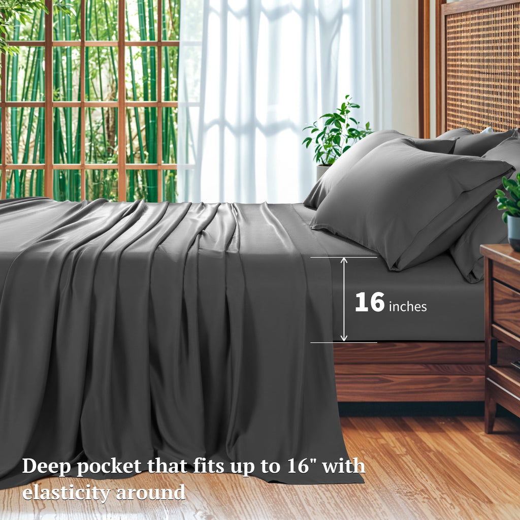 SONORO KATE 6 Pieces Bamboo Bed Sheets Set, Luxury Rayon Derived - Deep Pockets - Wrinkle Free - Extremely Soft, Queen, Dark Gray